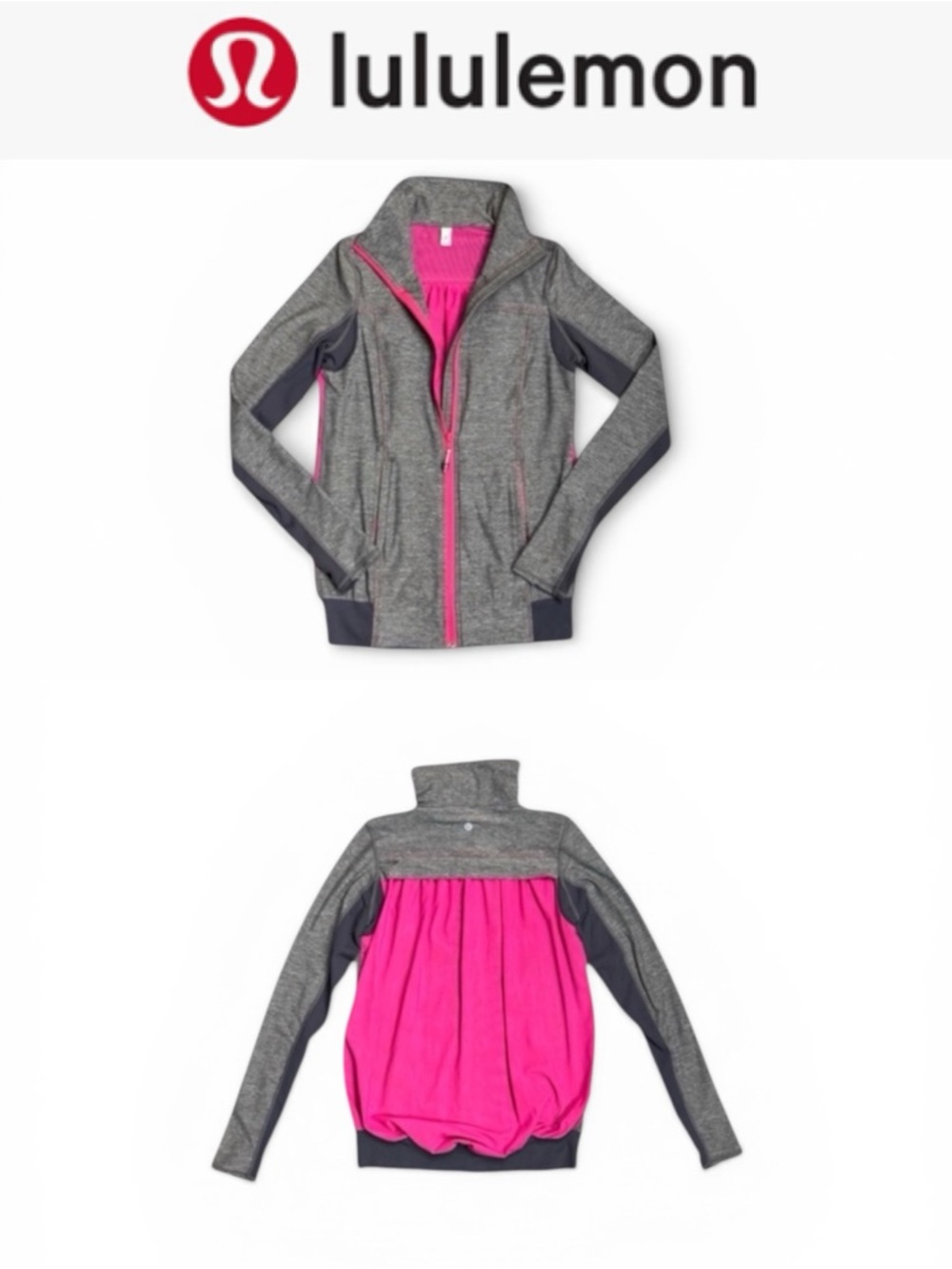 LULULEMON HEATHER GRAY TADASANA HOT PINK MESH BACK JACKET W/THUMBHOLES